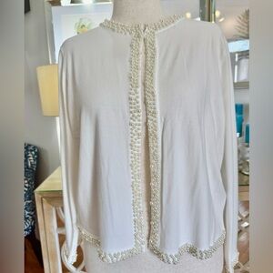 Elegant Pearl-Trimmed Eggshell Cardigan